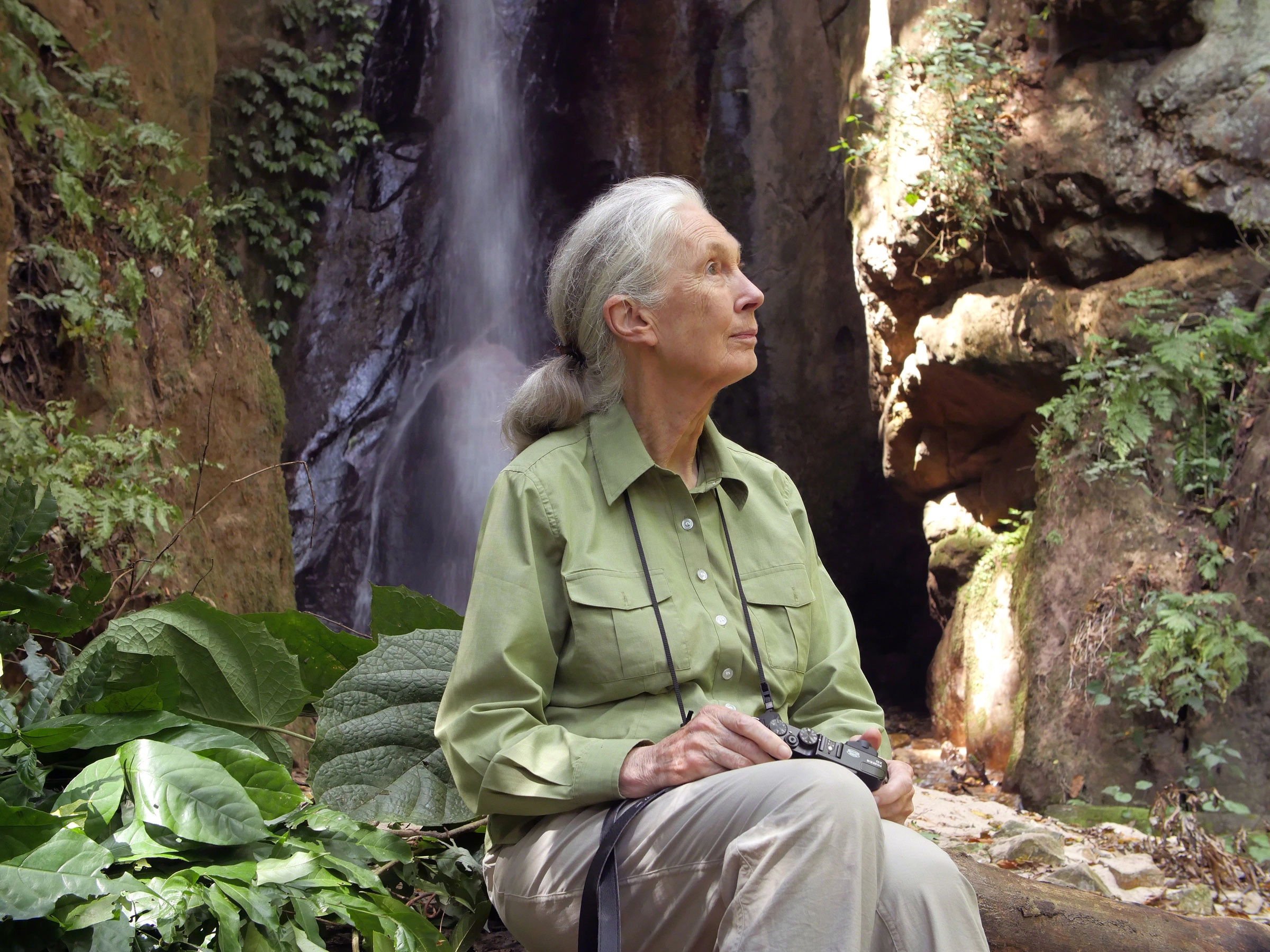 La doctora Jane Goodall frente a una cascada en el Parque Nacional de Gombe, en Tanzania