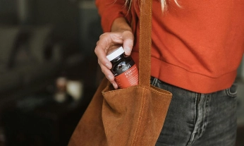 Una mujer saca del bolso un bote de suplementos naturales