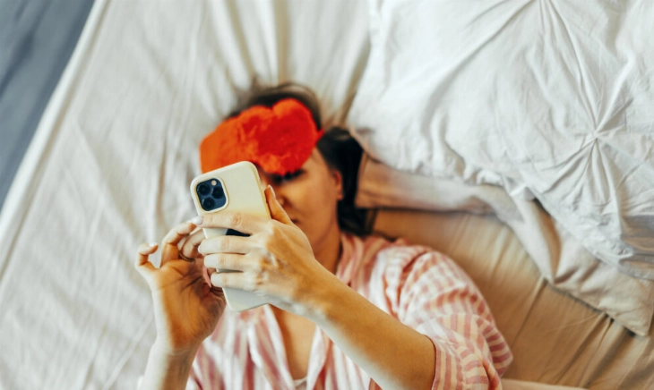 Mirar móvil cama al despertar estrés