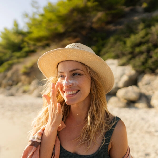 Una chica aplicándose protección solar