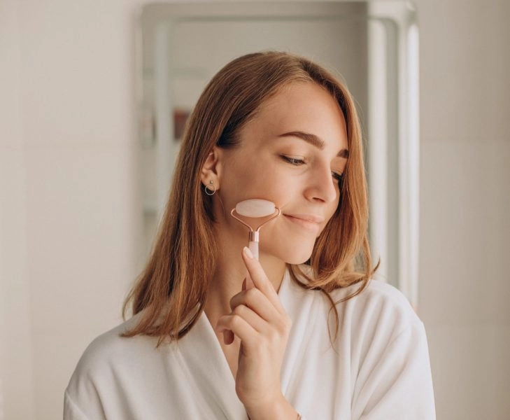 Woman doing self massage with rose quartz face roller