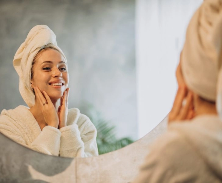 Woman at home applying cream mask