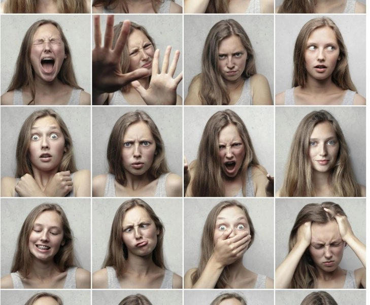 eje intestino cerebro mosaico de una mujer mostrando múltiples expresiones faciales que simbolizan la conexión entre emociones y digestión