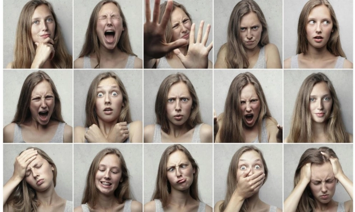 mosaico de una mujer mostrando múltiples expresiones faciales que simbolizan la conexión entre emociones y digestión