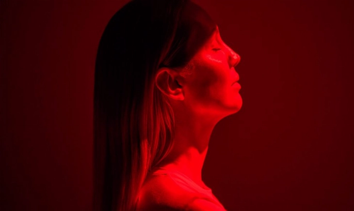 Mujer con los ojos cerrados bajo una luz roja, símbolo de bienestar y regeneración en el mejor programa de longevidad