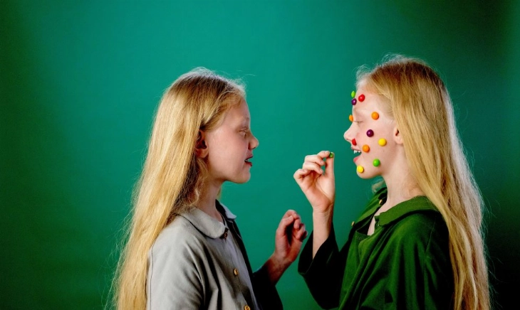 niñas jugando con caramelos de colores en el rostro, símbolo del marketing y los suplementos infantiles