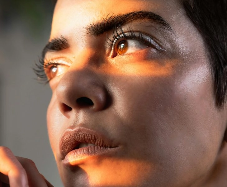 Primer plano de una mujer con luz natural sobre el rostro, símbolo de la caída de cejas y pestañas durante el otoño