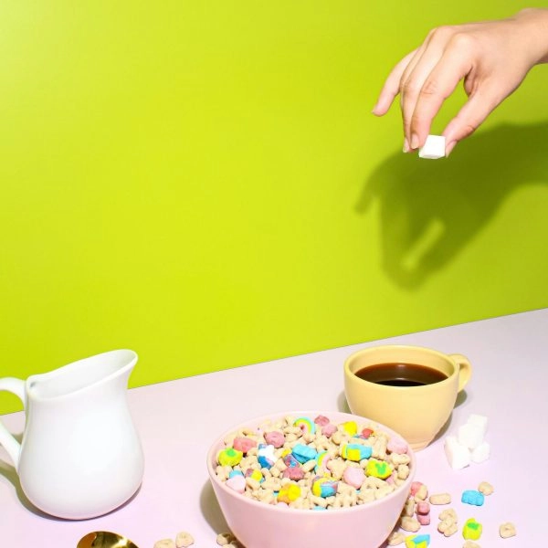 Bol de cereales de colores junto a una taza de café y una jarra de leche, imagen alusiva a la tendencia de cenar cereales