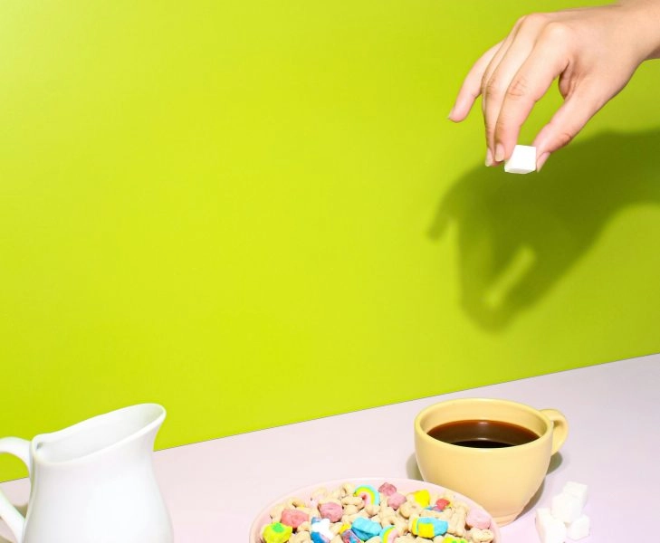 Bol de cereales de colores junto a una taza de café y una jarra de leche, imagen alusiva a la tendencia de cenar cereales