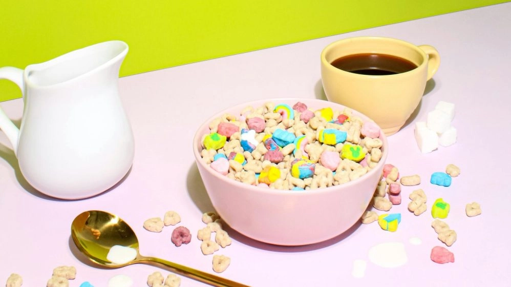 Bol de cereales de colores junto a una taza de café y una jarra de leche, imagen alusiva a la tendencia de cenar cereales
