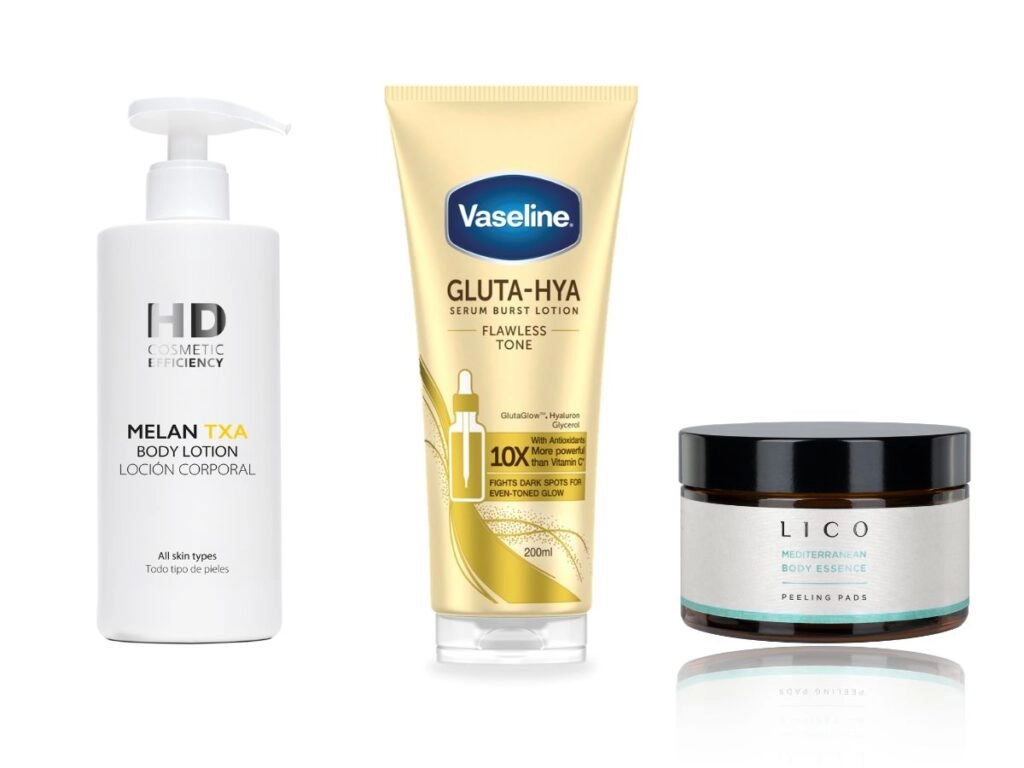 De izquierda a derecha: Melan TXA, de HD Cosmetic (49,90€); Gluta HYA, de Vasenol (cpv); Y Peeling Pads, de Lico (49,90€).