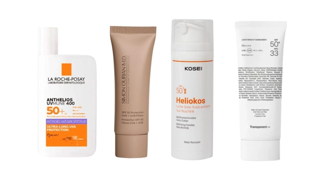 De izquierda a derecha: Anthelios UvMune 400, de La Roche-Posay; SPF 50 Protection UVA + UVB filters, de Simon Ourian M.D.; Heliokos, de Kosei; Invisible Sunscreen Spf50+, de Transparent Lab.